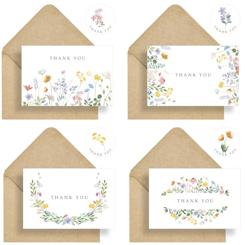 Hidreas Floral Thank You Cards with Kraft Envelopes, 4x6 Inch, 24 Pack