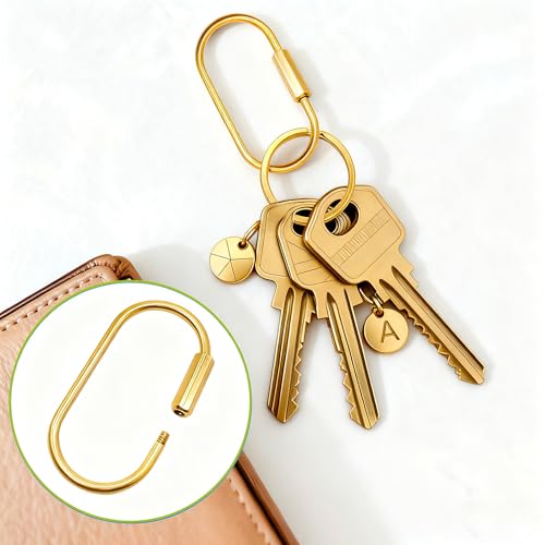 2 Pack Gold Carabiner Key Rings ? Brass Clip with Screw Lock, Key Organizer with 4 Rings, Jewelry Charm Holder for Handbags, Keys & Accessories for Men and Women