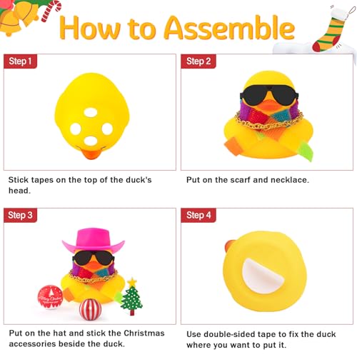 Wonuu Christmas Rubber Duck - Squeaking Mini Ducky Car Dashboard Ornament with Cowboy Hat and Holiday Accessories
