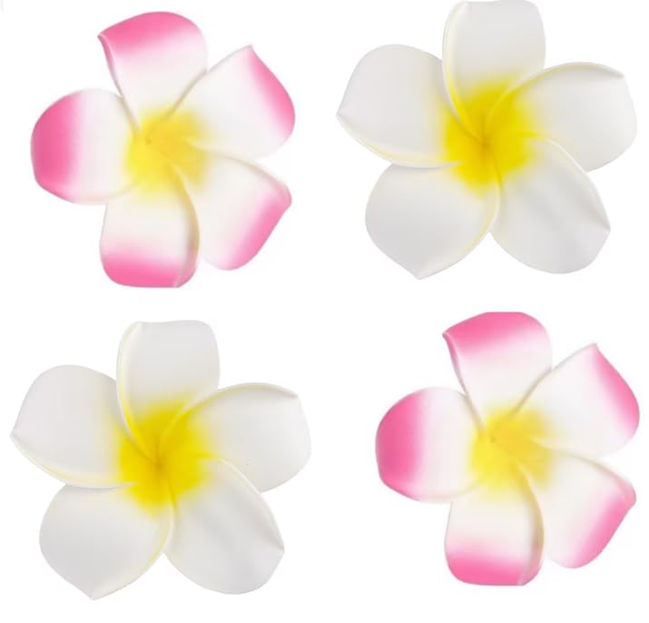 4 Pcs Hawaiian Plumeria Flower Hair Clips 7cm White and Pink Foam