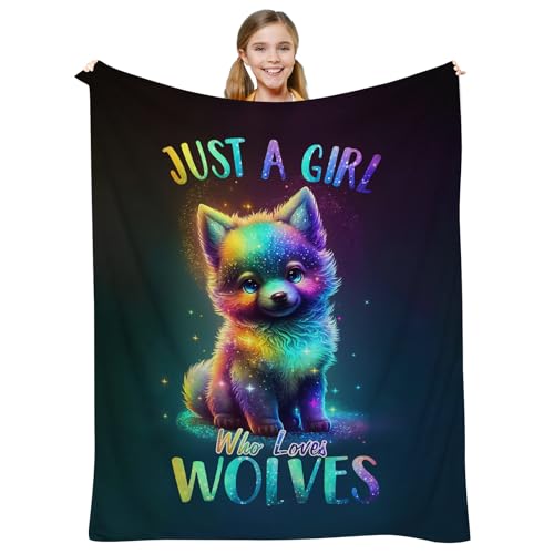 Cute Wolf Throw Blanket for Girls - Rainbow Starry Design, 50"x40"