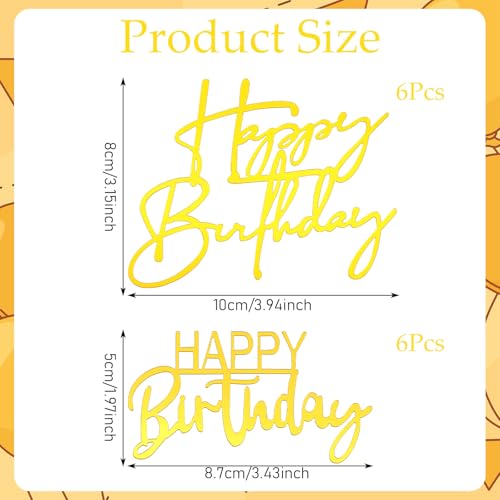 Gold Happy Birthday Cupcake Toppers - 12 Pcs Acrylic Decor
