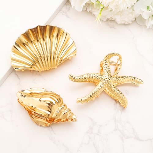 Gold Starfish & Shell Metal Hair Claw Clips 3-Pack