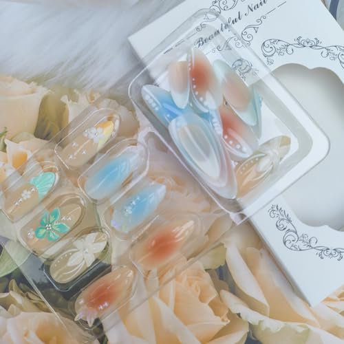Blue French Tip Press On Nails Medium Almond Summer Fake Nails