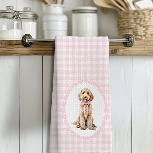 LUKIPOM Pink Doodle Coquette Bow Goldendoodle Dog Kitchen Hand Towels - 16x24 Inches