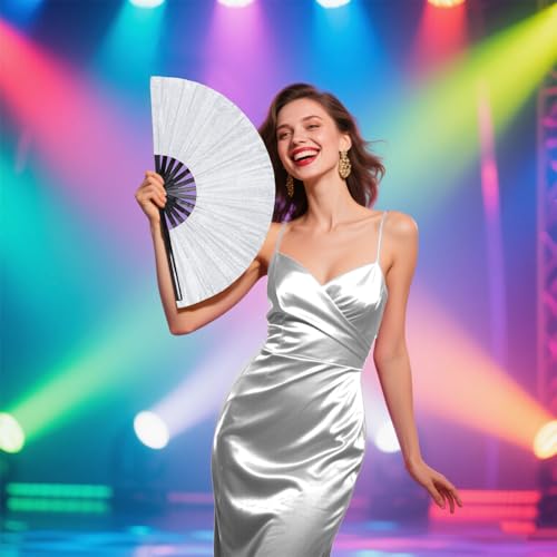 Large Glitter Folding Hand Fan - Premium Bamboo Rave Accessory
