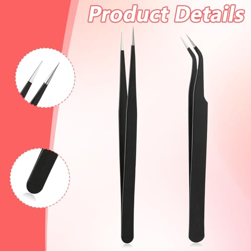 Skrfren 2-Piece Stainless Steel Precision Tweezers Set - Straight and Curved Tips for Eyelash Extensions, Crafts, Electronics, and Nail Art