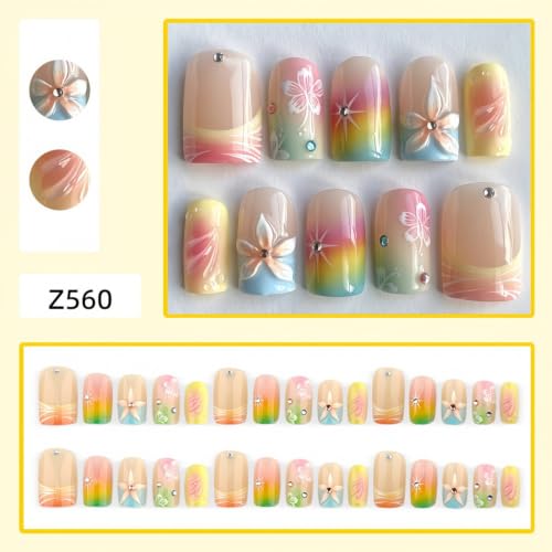 Pink French Tip Press On Nails with Butterfly Rhinestones 30Pcs