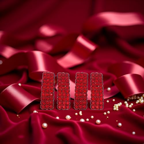 Red Rhinestone Snap Hair Clips Rectangular Korean Barrettes 4Pcs