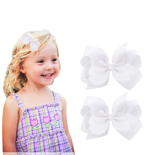 White Hair Bow Clips for Girls - 4.5 Inch Handmade Grosgrain Ribbon