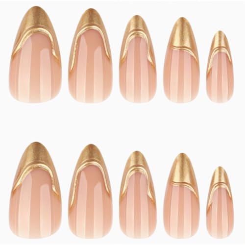 Press on Nails Long Almond Glossy Pink Nude with 3D Gold French Tips