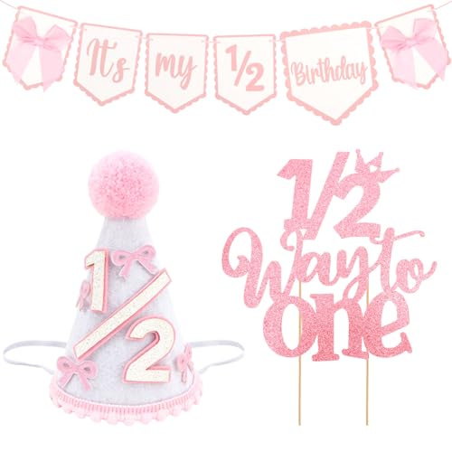 Half Birthday Decoration Set for Baby Girls with Banner, Hat & Cake Topper