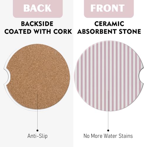 Pink Stripes Car Coasters - 2 Pack Absorbent Ceramic Coasters with Cork Base