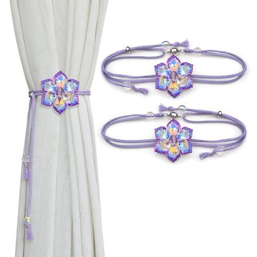 Magnetic Crystal Flower Curtain Tiebacks - Purple Adjustable 2-Pack