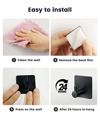 Heavy Duty Adhesive Towel Hooks - 6 Pack, Black Stainless Steel