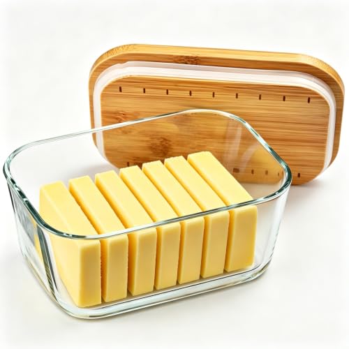 Hekeieon Glass Butter Dish with Bamboo Lid - Keeps Butter Fresh
