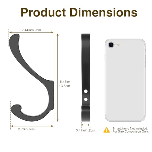 Heavy Duty Black Coat Hooks Wall Mount - 4 Pack, 35 LB Capacity