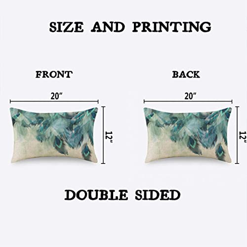 Peacock Feather Throw Pillow Cover, Watercolor Blue & Green, 12x20 Inch