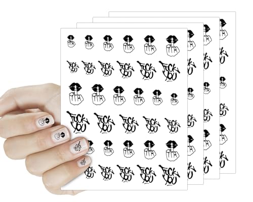 Middle Finger Nail Art Stickers - 4 Sheets Black Self-Adhesive Decals