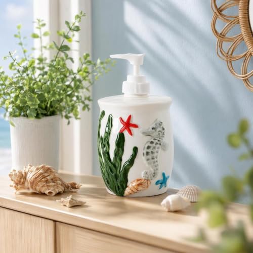 Ocean Ceramic Soap Dispenser - 3D Embossed Seahorse & Starfish