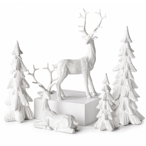 White Christmas Reindeer Decor Set - Resin Woodland Holiday Figurines & Trees