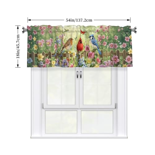 Birds and Flower Spring Kitchen Valance, 54x18 Inch Floral Window Curtain