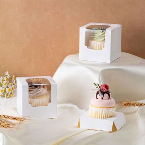 Hoewina 28 PCS White Cupcake Boxes with Window - Individual Containers