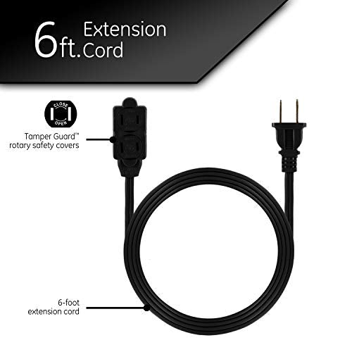 GE 6 Ft Extension Cord, 3-Outlet Power Strip with Safety Covers, Black