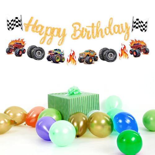 Monster Truck Happy Birthday Banner - Racing Party Decorations (8-Monster Truck)