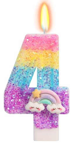 Number 4 Rainbow Birthday Candle with Sequins - Glitter Cake Decoration