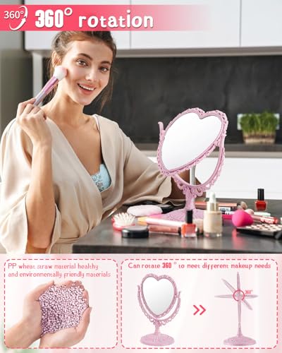 Pink Heart-Shaped Desk Mirror, Double-Sided Rotating Vanity Mirror
