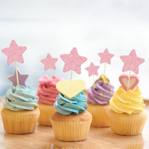 30 Glitter Star Cupcake Toppers for Birthday Parties - Pink