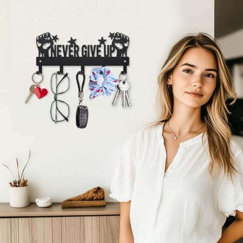 MAYJOYDIY Never Give Up Metal Key Holder for Wall with 5 Hooks