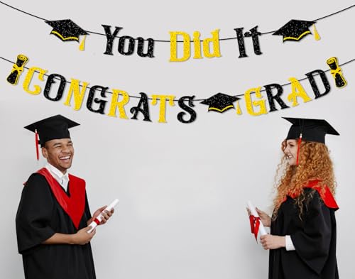 Congrats Grad Banner Set - Black & Gold Graduation Decorations