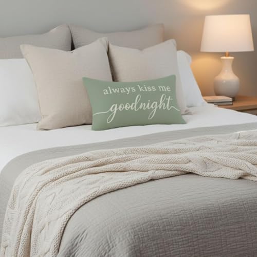 Always Kiss Me Goodnight Lumbar Pillow Cover, 12x20 Sage Green Throw Case