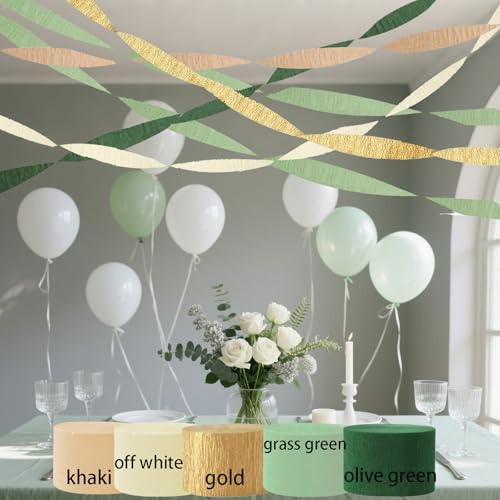 Olive Green & Gold Crepe Paper Streamers - 6 Rolls for Boho Party Decor
