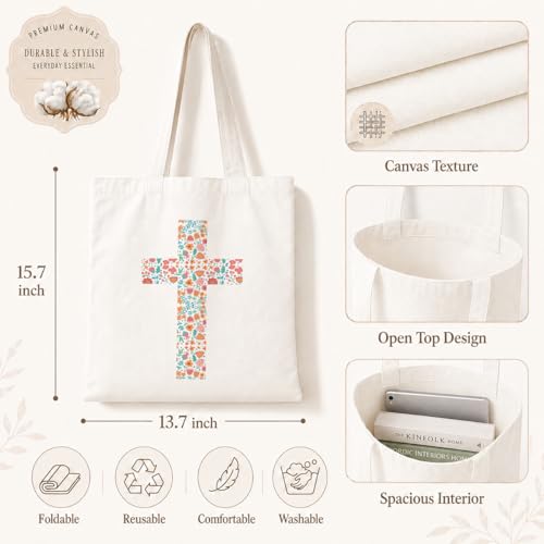 Christian Tote Bag Style 35 - Floral Cross Canvas Reusable Bag
