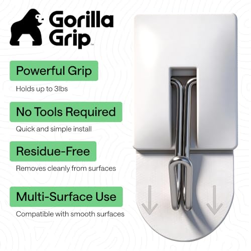 GORILLA GRIP Adhesive Wall Hooks, 10 Pack - White, No-Drill Hanging Hooks