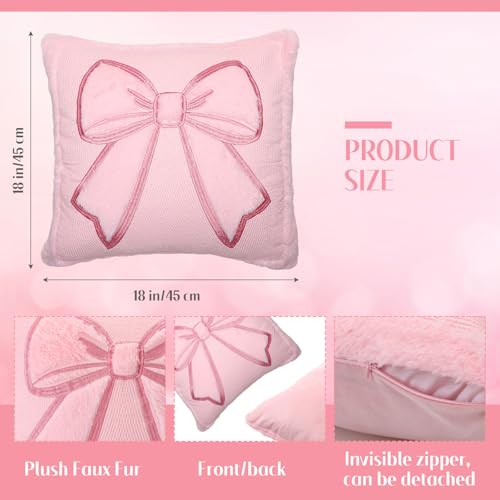 Pink Bow Throw Pillow Covers 18x18 - Set of 2 Faux Fur Coquette Decor
