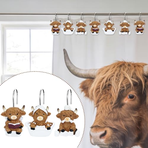 Highland Cow Shower Curtain Hooks - 12 Piece Decorative Bathroom Set