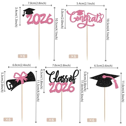 30 PCS Pink Glitter 2026 Graduation Cupcake Toppers Diploma Cap Picks