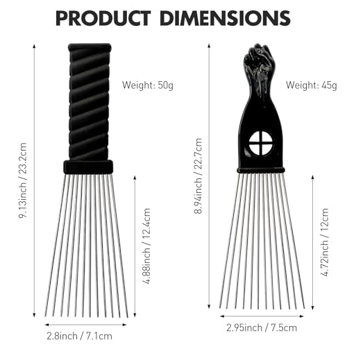 Metal Afro Comb Set - 2PCS Hair Pick with Black Fist Design