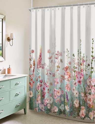 SUMGAR Pink Floral Shower Curtain, 72x72 Inch Fabric Bath Curtain Set