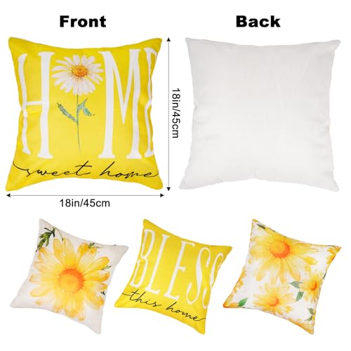 Sunflower Throw Pillow Covers 18x18, Spring Summer Cushion Cases (4 Pack)