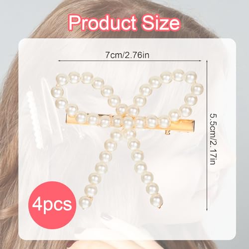 Pearl Hair Clips - 4 Pcs Elegant Bow Hair Accessories Non-Slip Duckbill