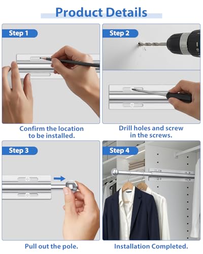 Ruiony 12in Adjustable Closet Valet Rod - Pull Out Aluminum Hanger, Silver