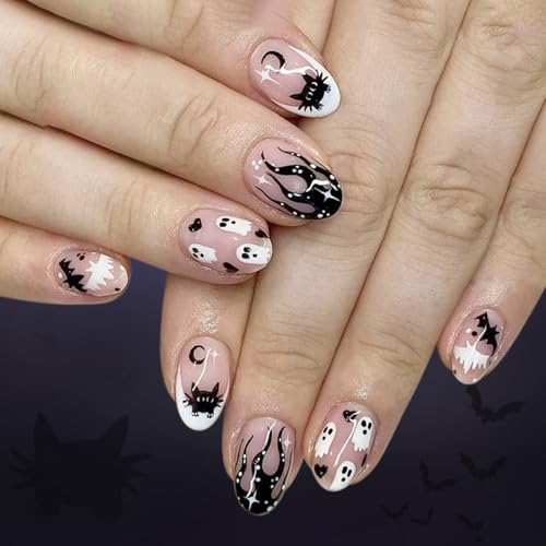 Halloween Press on Nails Short Acrylic False Nails Ghost Cat Design