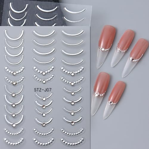 5D Embossed French Tip Silver Nail Stickers with Crystal Rhinestones 3 Sheets