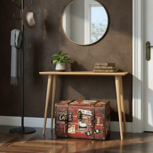Household Essentials Medium Decorative Trunk, Coffee Shop Faux Decoupage, Antique Exterior, Leather and Metal Accents, Fabric Interior, Hinged Lid, Brown