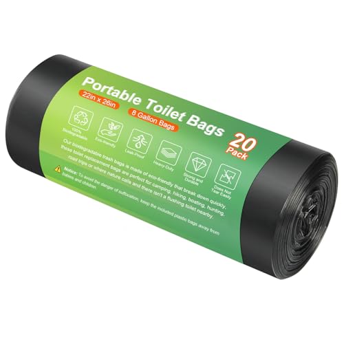 20 PCS Portable Toilet Bags for Camping - 100% Compostable & Biodegradable Toilet Replacement Bags, 8 Gallon Thickened Bucket Liner for Outdoor Boating Trip, Trash Bags Plastic Free